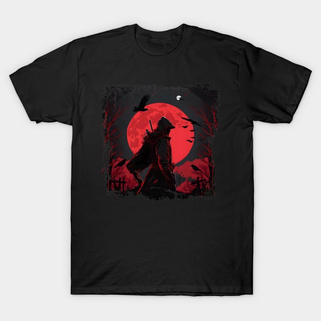 Raven Man Diablo BRZRKR a Witcher on Red Moon T-Shirt by MLArtifex